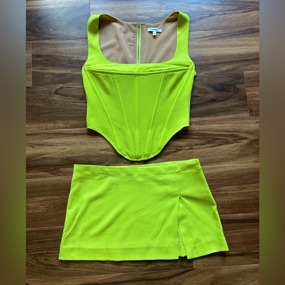 MIAOU Corset and Micro Mini Skirt Set, Lime, size small in both top and bottom